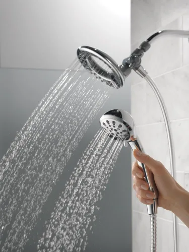 Vista 2 de Delta 4-Setting In2ition 2-in-1 Dual Shower Head with HandHeld Spray, Chrome Detachable Shower Head with Hose, Showerhead, 1.75 GPM Flow Rate
