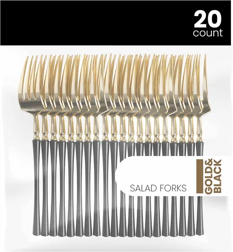 Vista 9 de PlasticPro 20 unidades de tenedores de cena de plástico dorado de calidad premium resistentes desechables elegantes cubiertos de cena para fiesta