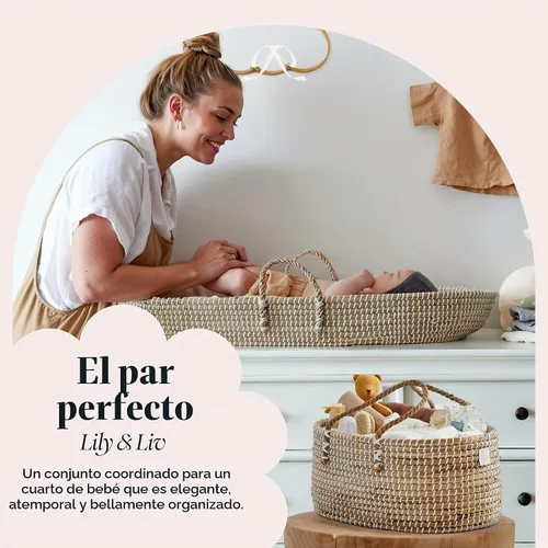 Vista 5 de BEBE BASK - Organizador de pañales para bebé, cesta con divisor de algodón Award Winner, Handmade, Seagrass Caddy Basket, Newborn Essentials
