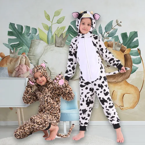 Vista 5 de Wizland Disfraz de animal para niños, leopardo, vaca, mono, reno, gato negro, dálmata, muñeco de nieve, mono de Papá Noel