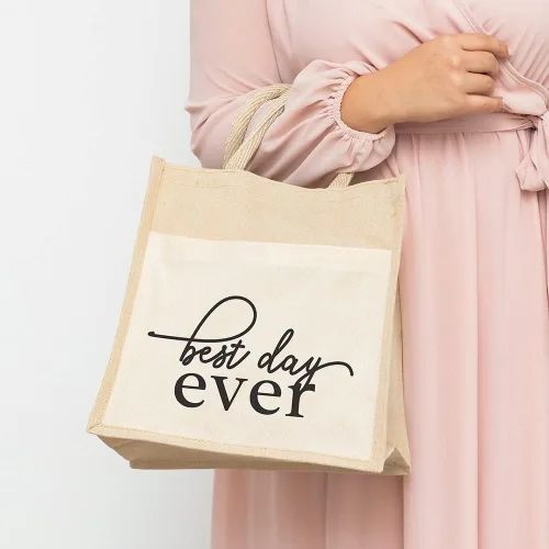 Vista 2 de WEDDINGSTAR Bolso de asas tejido medio personalizado de yute con bolsillo