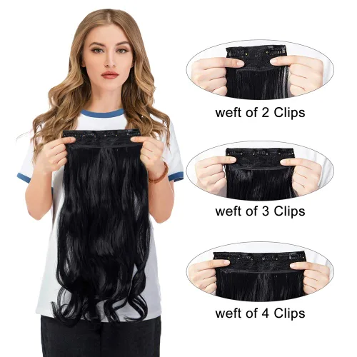 Vista 5 de Extensiones de cabello ondulado, doble trama, 7 piezas con 16 clips, largo de 24 pulgadas
