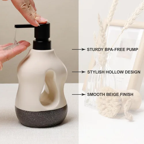 Vista 3 de BosilunLife Juego de 4 accesorios de baño de cerámica, dispensador de jabón Beige con negro.