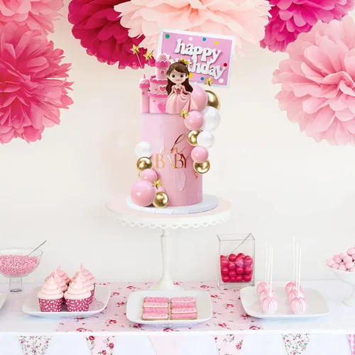 Vista 4 de 26 piezas de decoración de pastel de castillo de princesa para niña, decoración de pastel de princesa, tarjetas de inserción de feliz cumpleaños