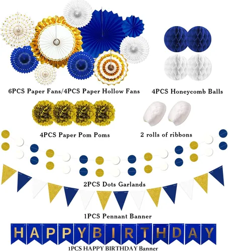 Vista 2 de Juego de 24 piezas de decoración de fiesta de cumpleaños azul marino dorado para baby shower with Hanging Paper Fans Pom Poms Flowers Garland