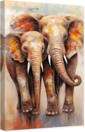 Vista 8 de ARTZGX Lienzo abstracto de elefante para pared, pintura de elefante colorido y elefante bebé, marco decorativo de vida silvestre africana