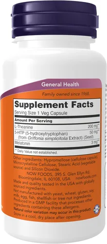 Vista 2 de NOW Foods Suplementos, régimen de sueño 3 en 1, con melatonina, 5-HTP y L-teanina, mezcla de sueño reparador*, 90 cápsulas vegetales