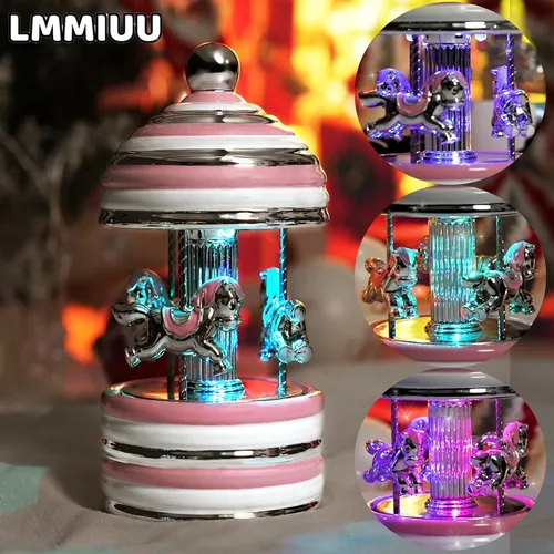 Vista 3 de Caja de Música de Carrusel Envuelta para Regalo, Carrusel Musical de Cerámica con Luces que Cambian de Color, Cajas de Música para Niñas, Niños