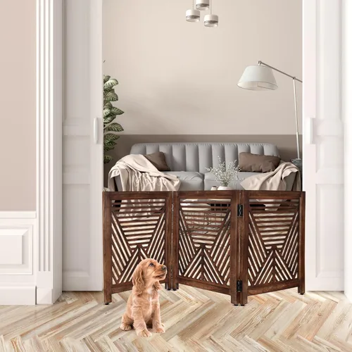 Vista 3 de Lightnpro - Puerta geométrica de madera para perros, barrera plegable independiente para uso en interiores, puerta de seguridad para perros, gatos