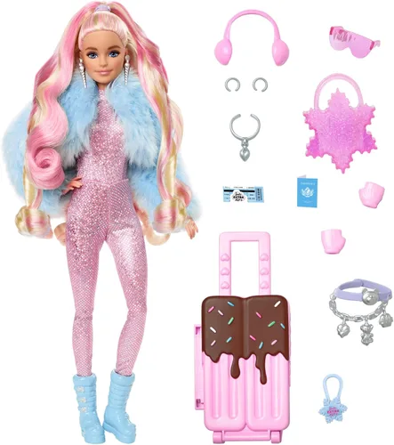 Vista 8 de Muñeca Barbie Extra Fly con ropa y accesorios de viaje con temática de playa, cubretodo tropical con sombrero y bolso de gran