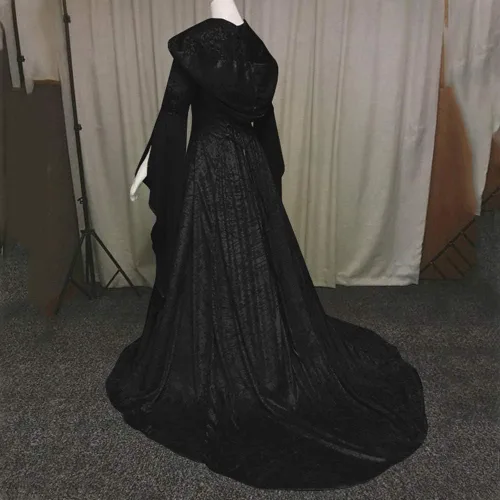 Vista 3 de ZEFOTIM Vestido renacentista para mujer, manga largamurciélago, corsés hasta el suelo con capucha, vestido gótico, cosplay