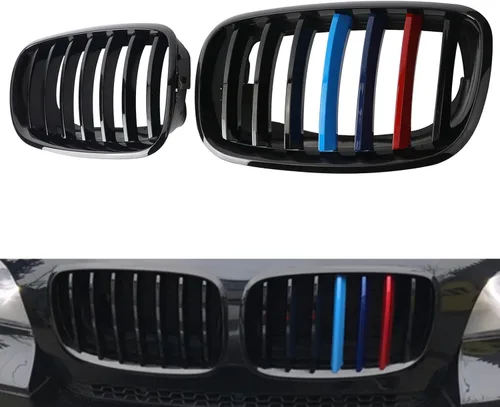 Vista 21 de Parrilla de riñón para parachoques delantero, color negro brillante, compatible con BMW X5 E70 X6 E71 2007-2014 doble listón doble línea