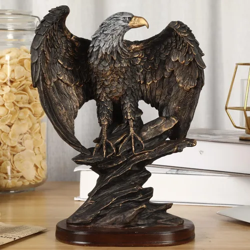 Vista 2 de H&W Estatua patriótica de águila sobre rocas de 10.25 pulgadas de alto, pájaro salvaje, águila decorativa de bronce, figura de resina de pátina