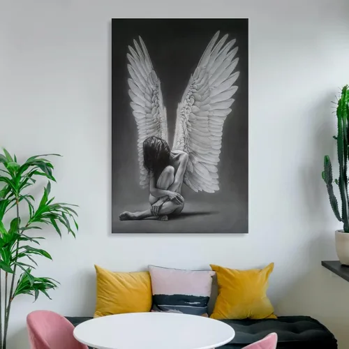Vista 6 de Rucatto Pintura de alas de ángel en blanco y negro, arte abstracto, póster femenino en blanco y negro, pinturas de arte de pared, lienzo, decoración