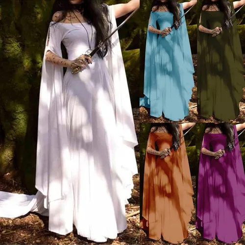 Vista 6 de Vestido de hada renacentista para mujer, disfraz irlandés medieval, vestido sexy de Halloween, vestido victoriano con hombros descubiertos