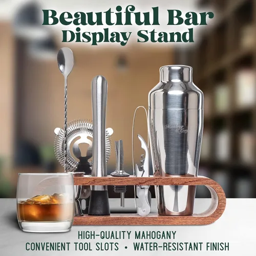 Vista 5 de Mixology & Craft - Juego de 10 piezas metálicas para bar con madera de caoba