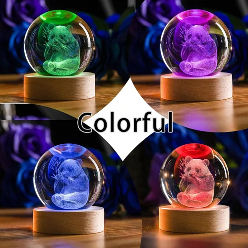 Vista 4 de Bola de cristal de panda con luz nocturna para niños, panda 3D grabada con láser, bolas decorativas con base de luz LED, regalos de panda para mamá