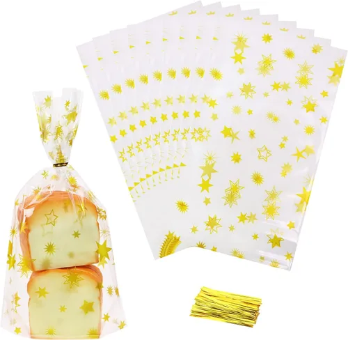 Vista 6 de Mini Skater Bolsas de celofán con estampado de estrellas doradas, de plástico transparente, para dulces, galletas, regalo, bolsas de polietileno
