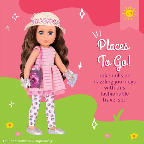 Vista 2 de Glitter Girls - Ropa de muñeca de 14 pulgadas - Juego de monedero y accesorios para llevar - Sombrero floral, reproductor de música, taza de viaje