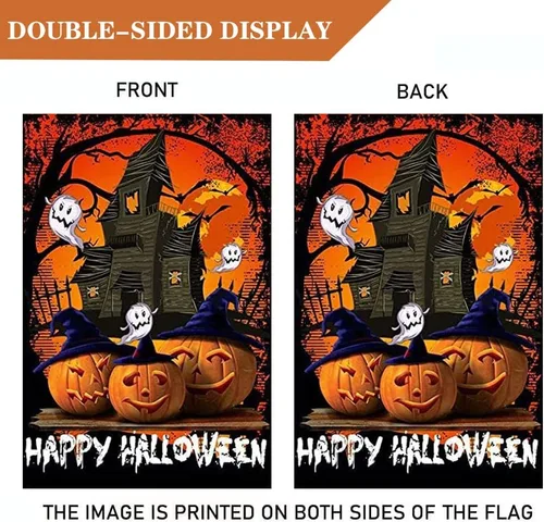 Vista 2 de Bandera de jardín de Halloween de 12.5 x 18 pulgadas, diseño de fantasmas de calabaza, bandera decorativa de doble cara para casa de campo, patio