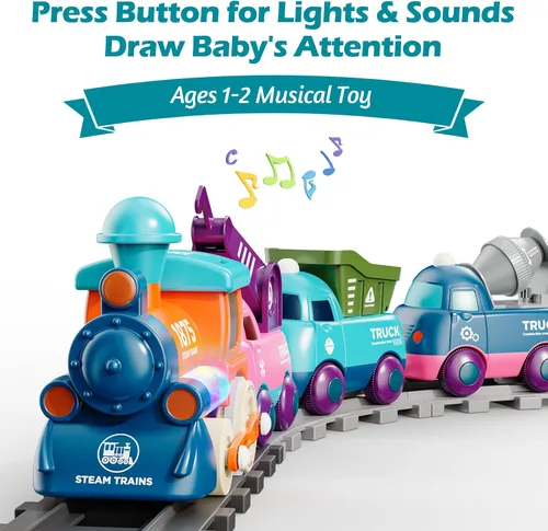 Vista 4 de Lipneaed Regalos de primer cumpleaños para niños, paquete de 2 autos de bebé, juguetes eléctricos de tren de música y tren de vapor con pistas