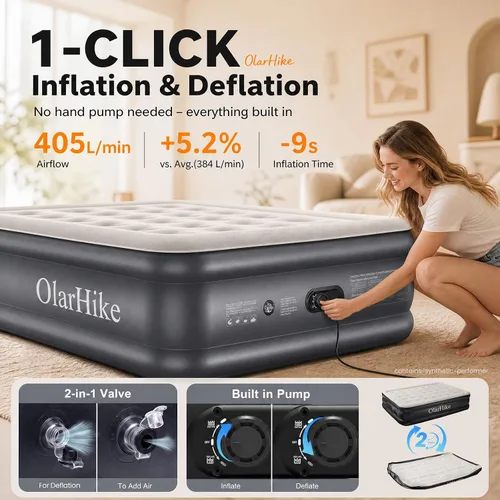 Vista 6 de OlarHike Full Air Mattress Built-in Pump，20" Air Bed for Home,600LBS Comfort Height 20" Gris