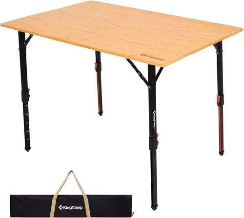 Vista 9 de KingCamp Mesa plegable de altura ajustable, 4 pliegues de bambú para acampar al aire libre, mesa de campamento portátil con bolsa de transporte