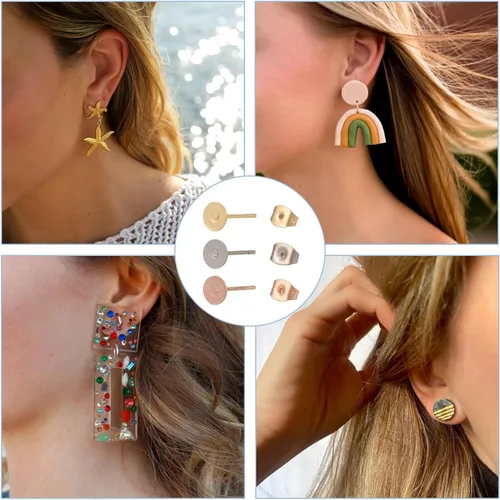 Vista 4 de Craftdady Juego de 60 aretes de acero inoxidable de 0.197 in, dorados, plateados, dorados, plateados, aretes en blanco, kit de fabricación