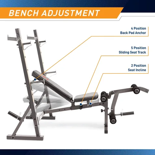 Vista 4 de Marcy Olympic Workout Bench for Home Gym Strength Training Equipment with Preacher Curl Pad and Weight Rack Storage, White/Black
