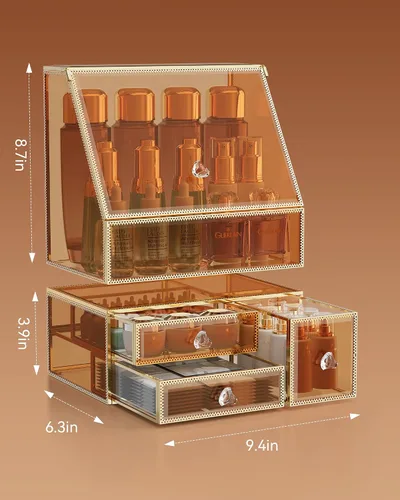 Vista 6 de CoralHouse Organizador de maquillaje, organizador de maquillaje ámbar con cajón, soporte para el cuidado de la piel para encimera de baño, vitrina