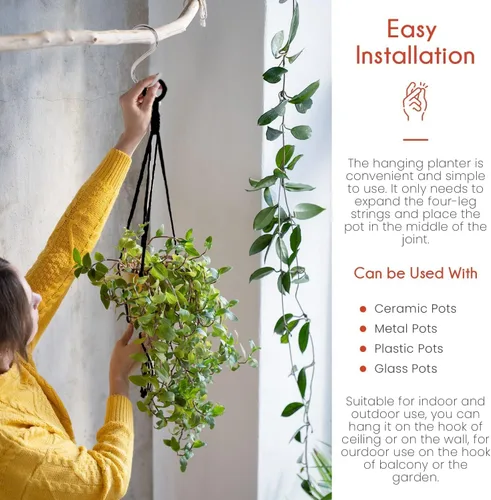 Vista 5 de Feedee Ganchos de macramé para plantas, paquete de 6, color negro, interior/exterior, algodón