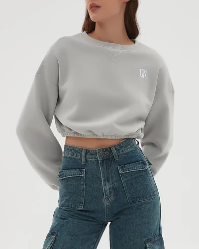 Vista 4 de CHYRII Sudadera corta de gran tamaño para mujer, de forro polar, cuello redondo, manga larga, para otoño e invierno