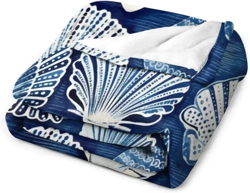 Vista 3 de Manta de conchas de mar azul para cama, manta náutica costera, manta de franela para sofá, cama, oficina para adultos, 30 x 40 pulgadas, manta suave