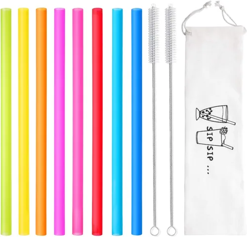 Vista 2 de 8 pajitas reutilizables extra anchas para batidos y boba con 1 bolsa y 2 cepillos, pajitas de plástico grandes sin BPA para batidos, té de burbujas