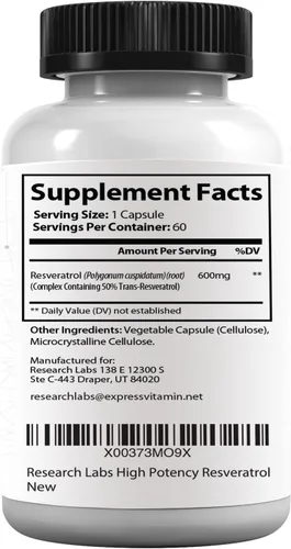 Vista 6 de Research Labs Suplemento de resveratrol micronizado de potencia 2 Fer 1 Ad - 1200 mg por 2 cápsulas, 120 en total - Potente suplemento antioxidante