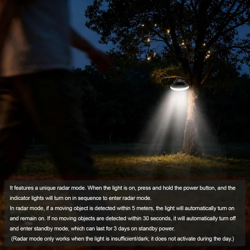 Vista 2 de IODOO Luz de campamento recargable de 10000 mAh 4000LM con sensor de movimiento y radar, tiempo de espera de 72 horas, linterna de campamento