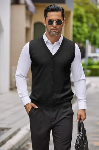 Vista 3 de COOFANDY Chaleco de suéter para hombre, cuello en V, casual, sin mangas, con botones, cárdigan