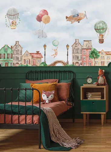 Vista 3 de Kids Wallpaper Cute Dutch Houses with Flying Animals Wall Mural (STYLE 1)