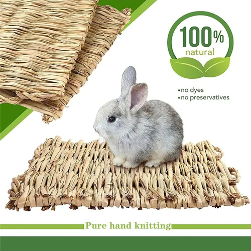 Vista 5 de kathson 5 alfombrillas de hierba de conejo, cama tejida de paja natural de conejo, tapete para dormir y juguetes masticables para hámster, conejito