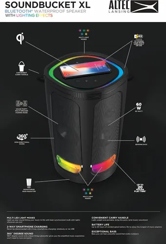 Vista 6 de Altec Lansing Soundbucket XL - Altavoz Bluetooth impermeable con luces LED personalizables, carga inalámbrica Qi, 20 horas de reproducción y rango
