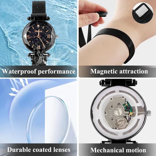 Vista 3 de Reloj de pulsera de cuarzo de lujo con esfera de cielo estrellado para mujer, reloj de malla magnética y pulsera