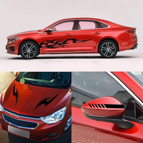 Vista 4 de RUIANTE 6 piezas de calcomanías con diseño de llama para coche, calcomanías laterales para la carrocería, puertas y techo, pegatinas largas de Negro