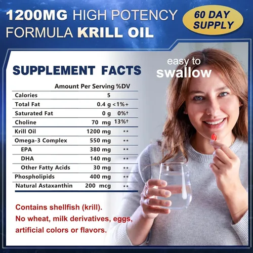 Vista 2 de Aceite de krill 1200 mg Omega 3 Suplemento, aceite de krill Omega 3 con alta absorción EPA, DHA, astaxantina y fosfolípidos, apoya la salud