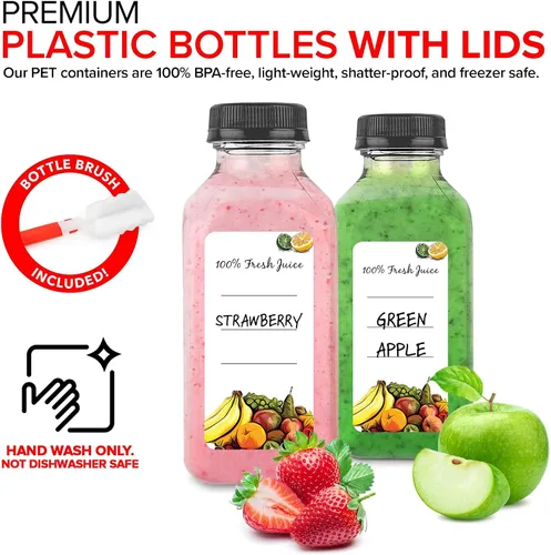 Vista 3 de Botellas de jugo de 12 onzas con tapas para jugo (paquete de 12) – Botellas de agua de plástico vacío transparente reutilizables – Contenedores