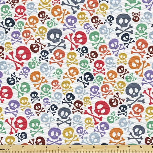 Vista 96 de Ambesonne The Yard, tela de calavera colorida con temática de Halloween, diseño de calavera y huesos cruzados, divertido estampado de dibujos