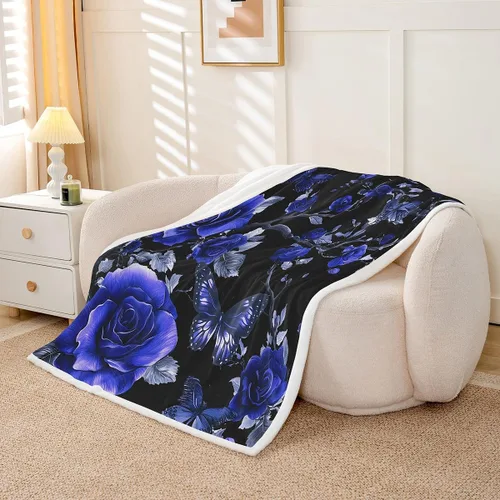 Vista 3 de Manta de franela azul rosa para todas las estaciones, manta de cama gótica de mariposa para decoración del hogar kawaii, manta rústica con flores
