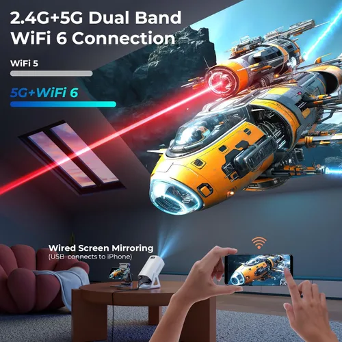 Vista 5 de Proyector portátil WiFi y Bluetooth - Mini proyector de películas compatible con 4K 1080P, soporte ajustable de 270°, proyector de estrellas