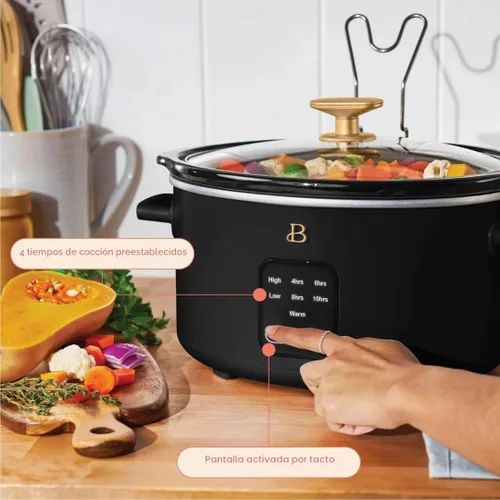 Vista 4 de Hermosa olla de cocción lenta de 4 cuartos de galón con pantalla activada por tacto, controles digitales programables, olla antiadherente extraíble
