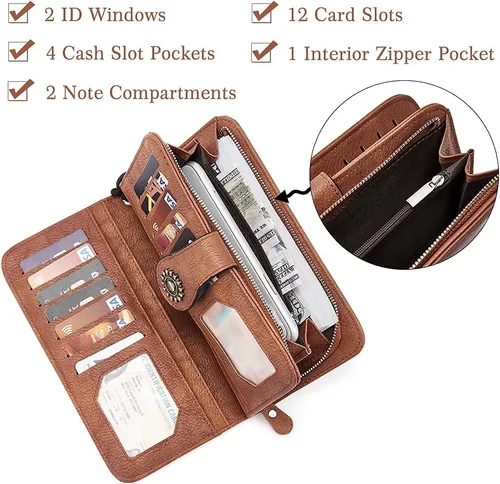 Vista 5 de BROMEN Billeteras de cuero para mujer, cartera grande de mano para teléfono, 1- marrón , Casual