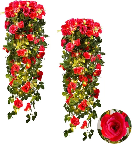 Vista 28 de RECUTMS - Guirnalda de flores artificiales colgantes de rosas negras, 2 guirnaldas florales falsas de 3.3 pies con 30 luces LED para pared
